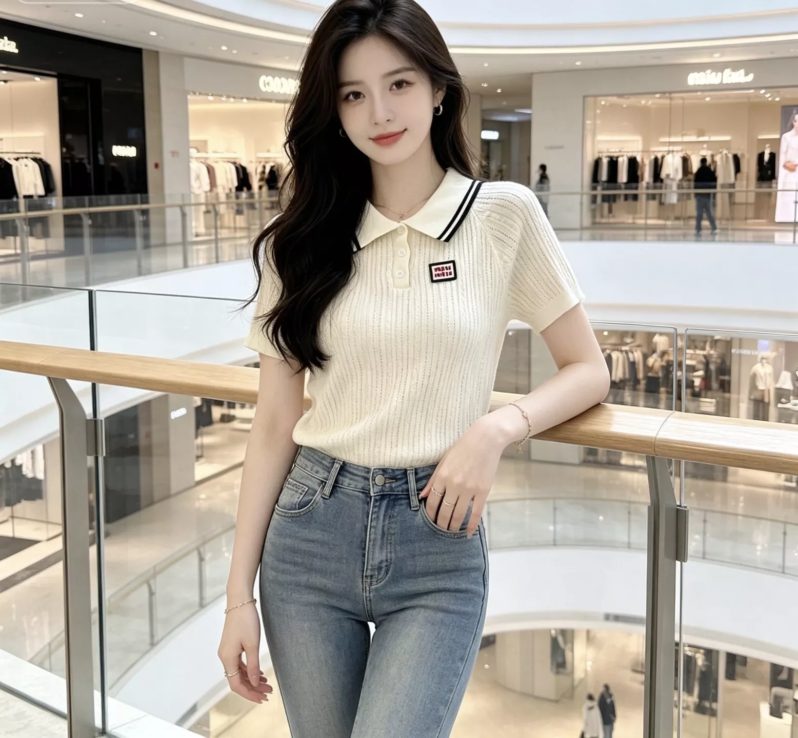 미우미우 배색 스트라이프 카라 반소매 니트 상세 이미지 14