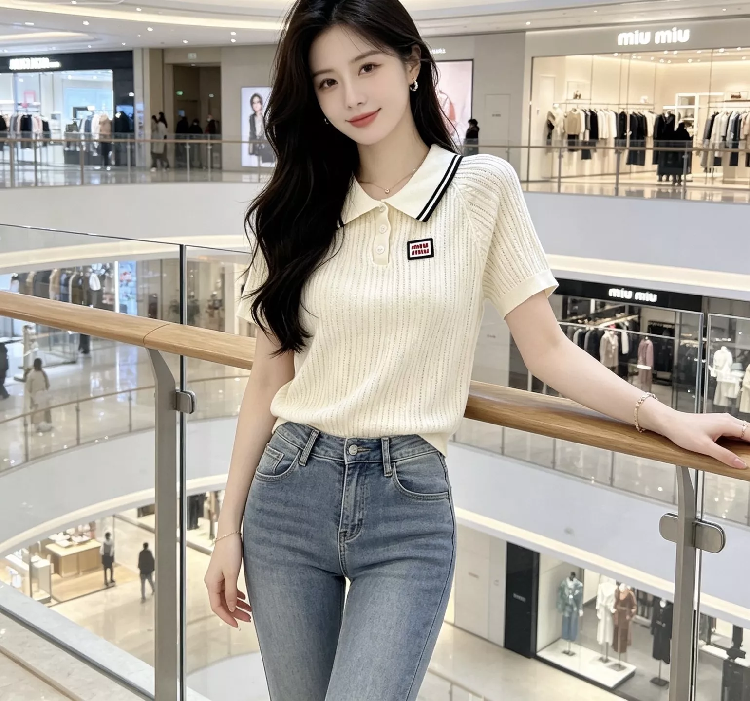 미우미우 배색 스트라이프 카라 반소매 니트 상세 이미지 18