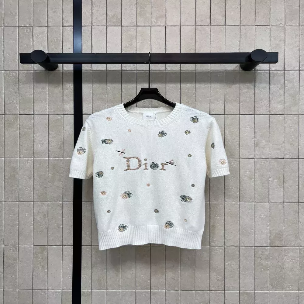 디올 플라워 로고 자수 반소매 캐시미어 니트