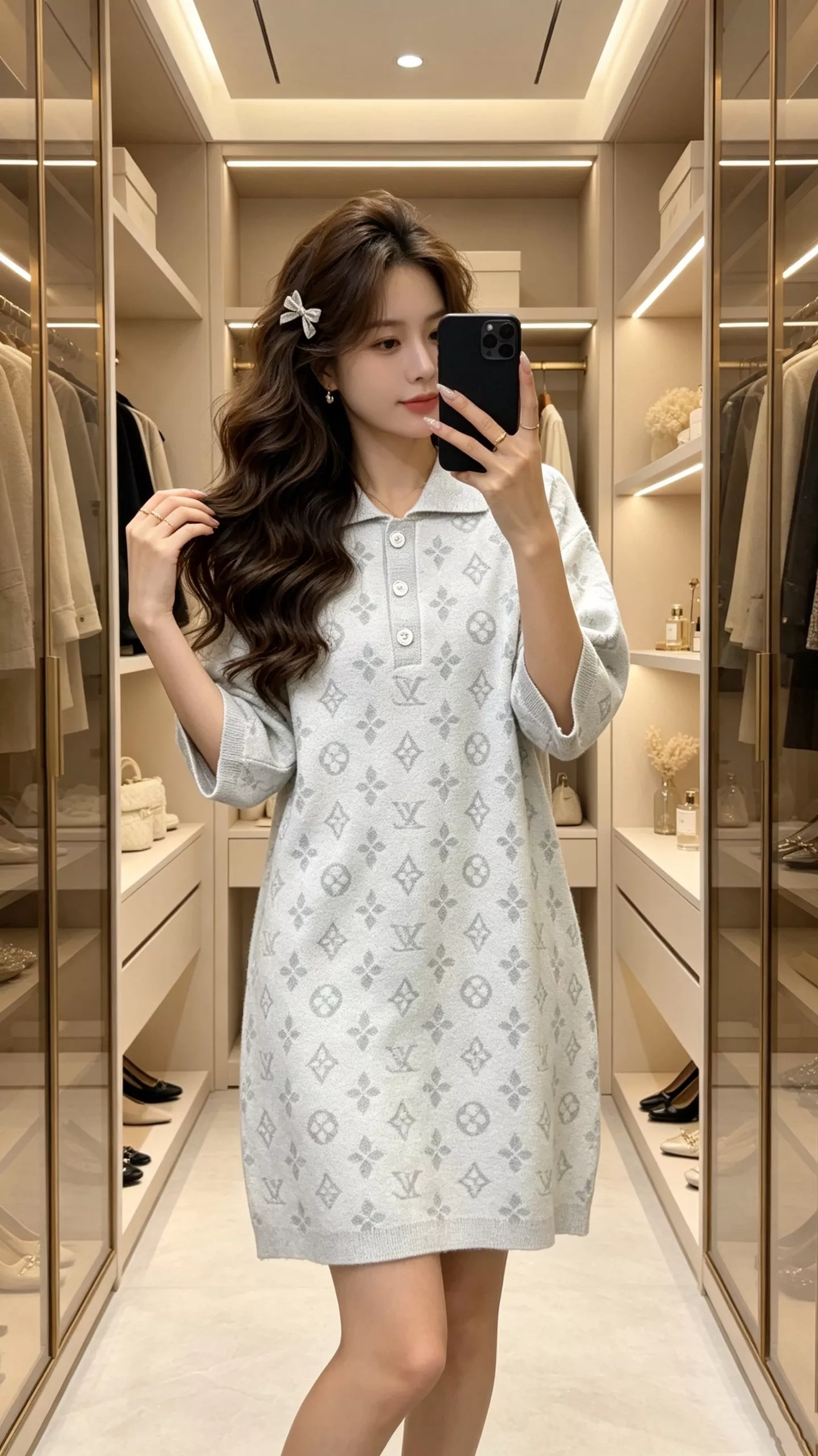 루이비통 모노그램 자카드 반오픈 카라 니트 원피스 상세 이미지 16