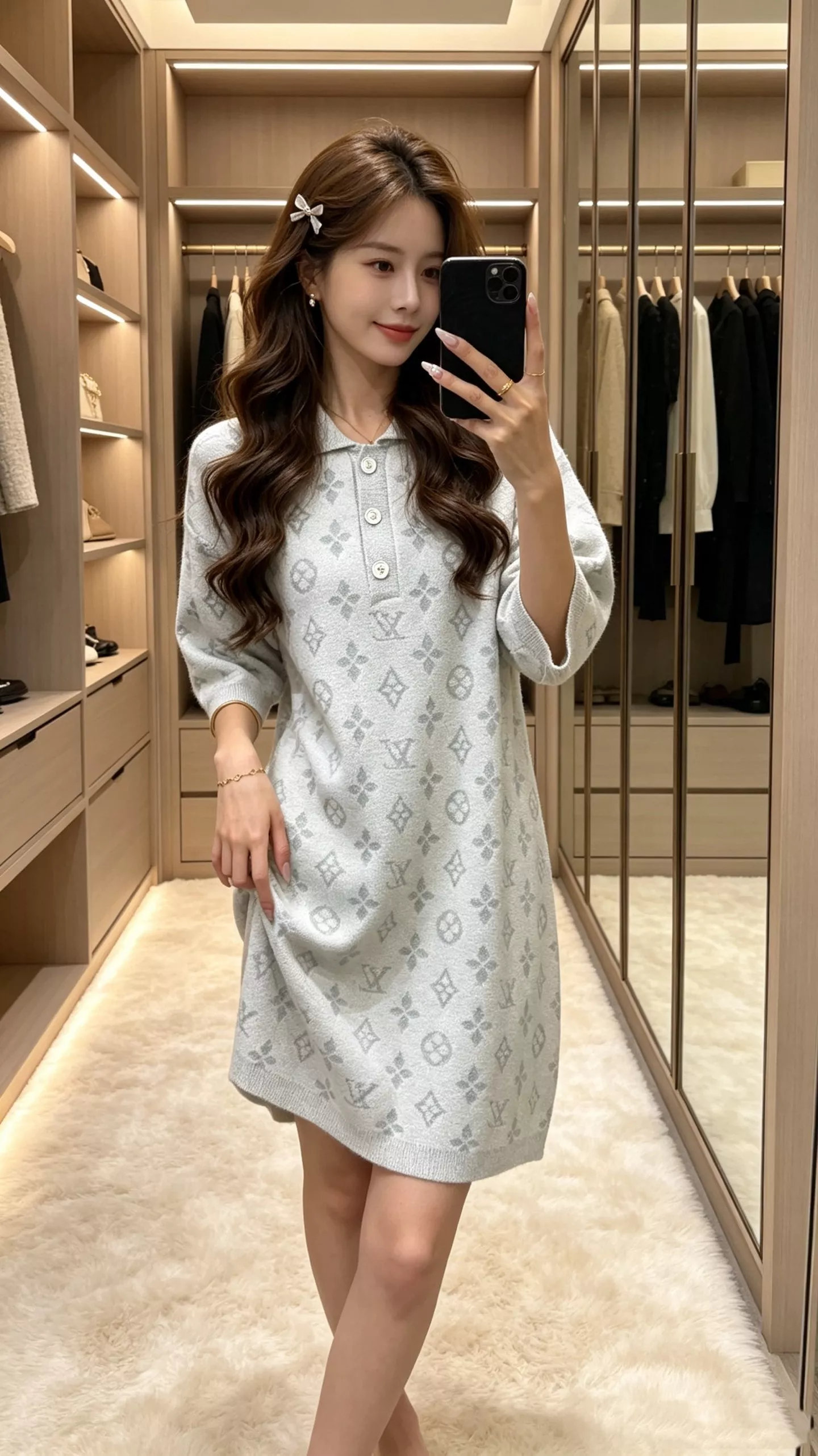 루이비통 모노그램 자카드 반오픈 카라 니트 원피스 상세 이미지 18