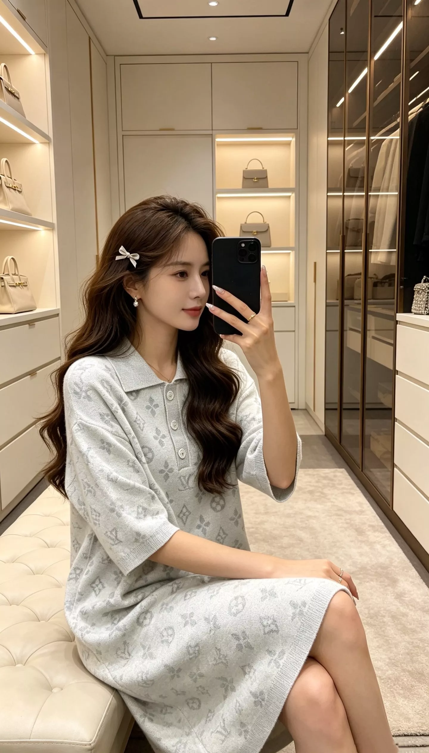 루이비통 모노그램 자카드 반오픈 카라 니트 원피스 상세 이미지 19