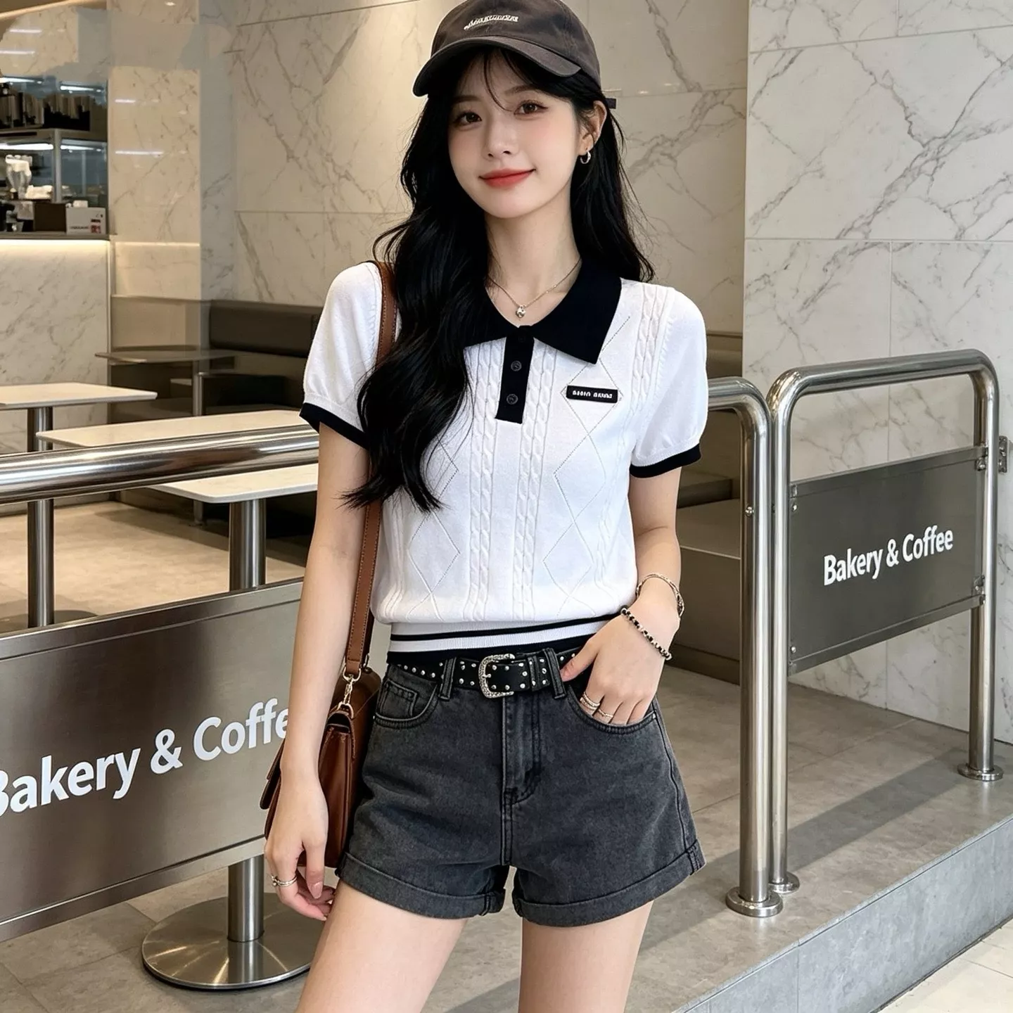 미우미우 배색 폴로 칼라 케이블 반소매 니트 상세 이미지 13
