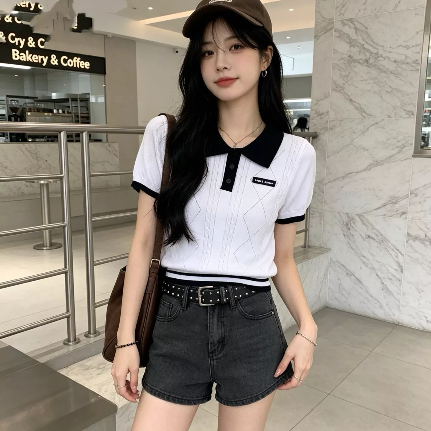 미우미우 배색 폴로 칼라 케이블 반소매 니트 상세 이미지 14