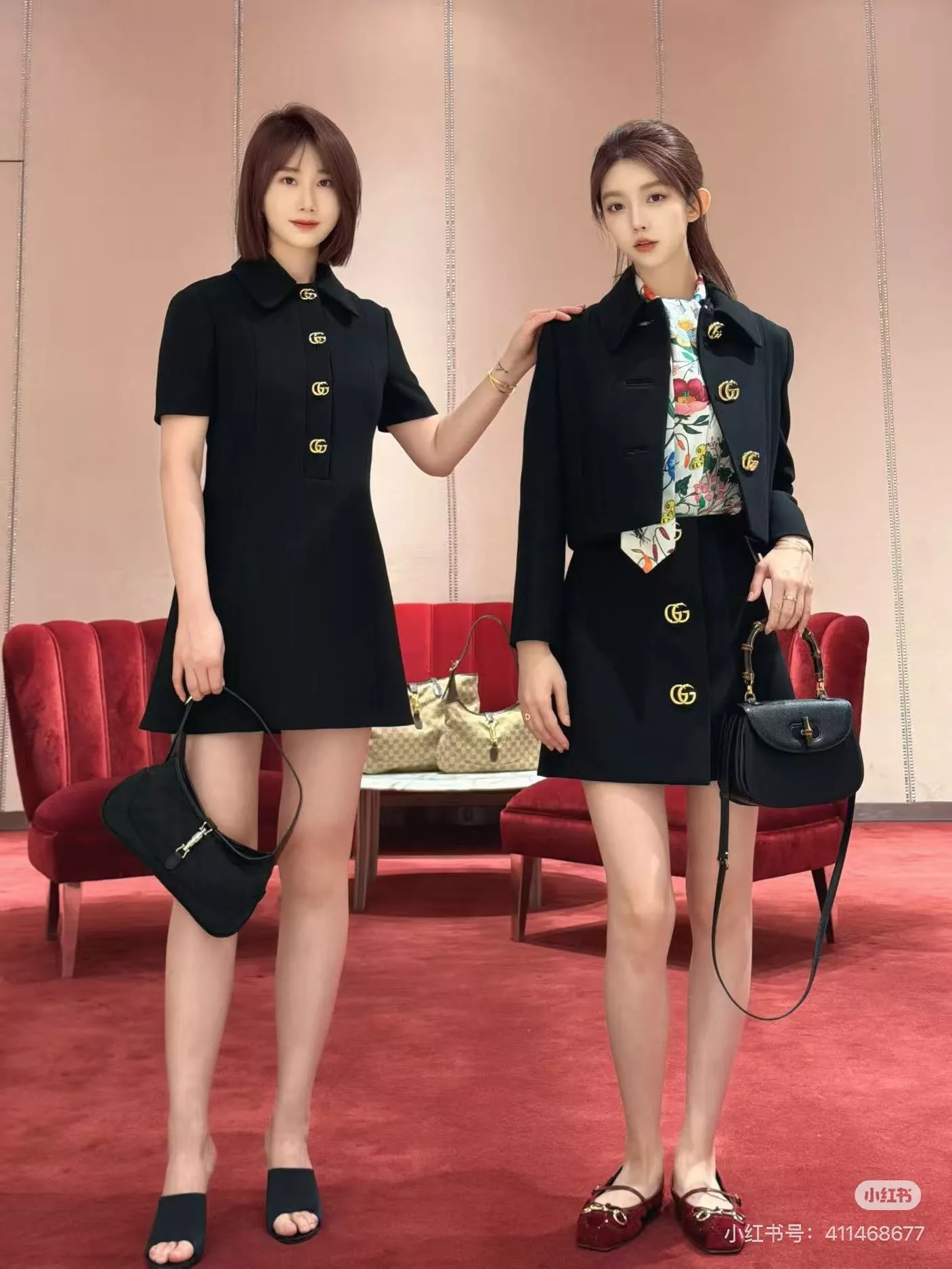 구찌 울 혼방 골드 버튼 카라 반소매 원피스 상세 이미지 36