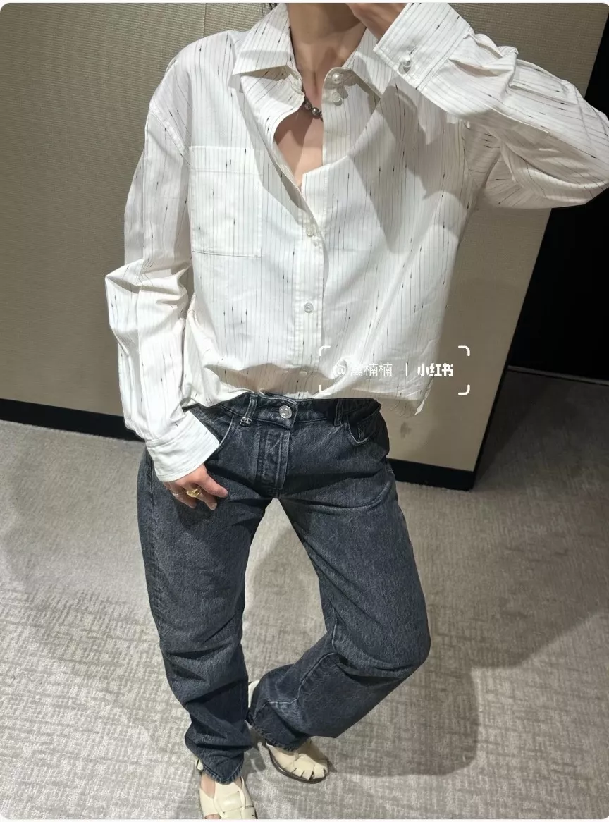 셀린느 블루 화이트 스트라이프 진주 버튼 긴소매 셔츠 상세 이미지 22