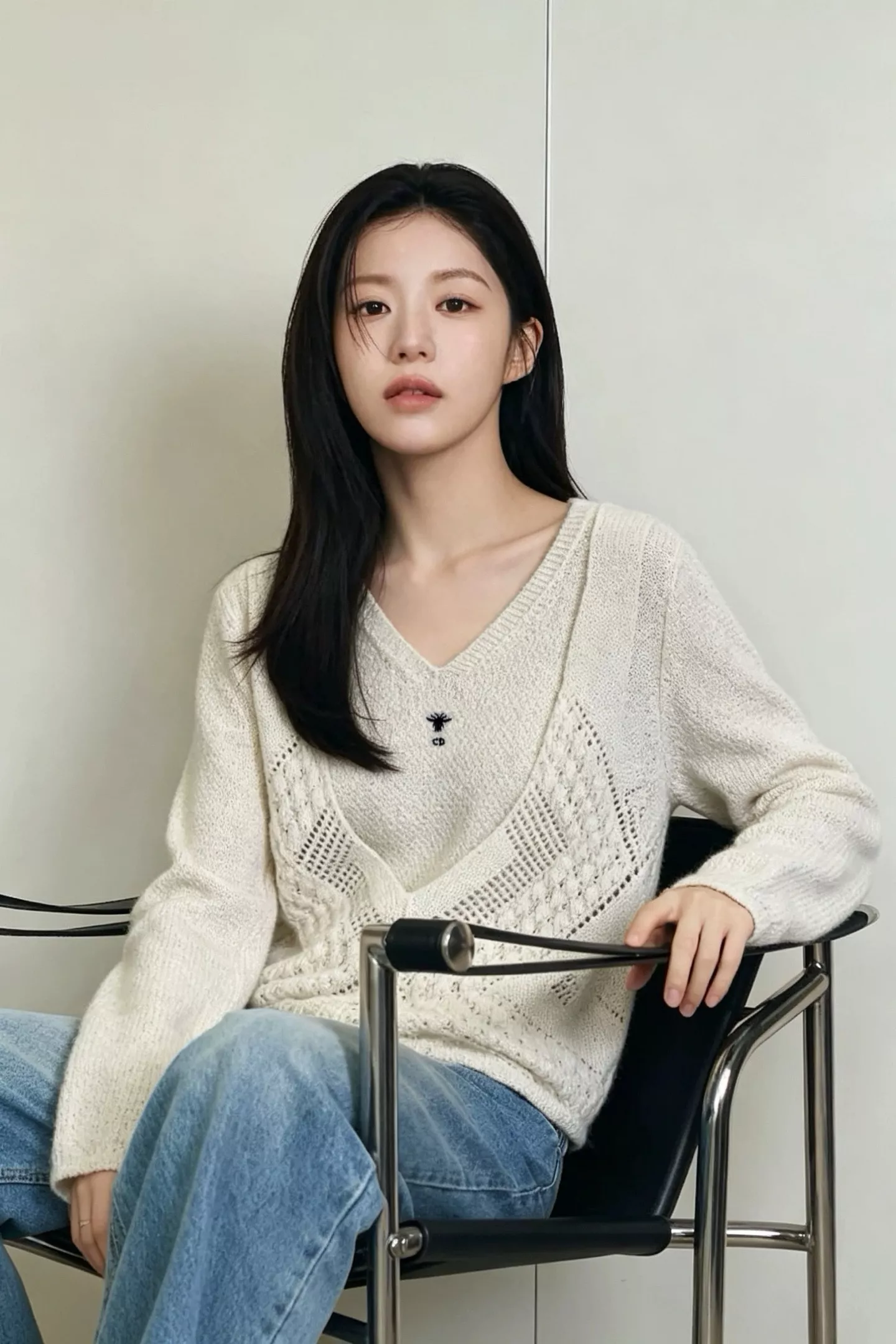 디올 브이넥 레이어드 자수 루즈핏 긴소매 니트 상세 이미지 15