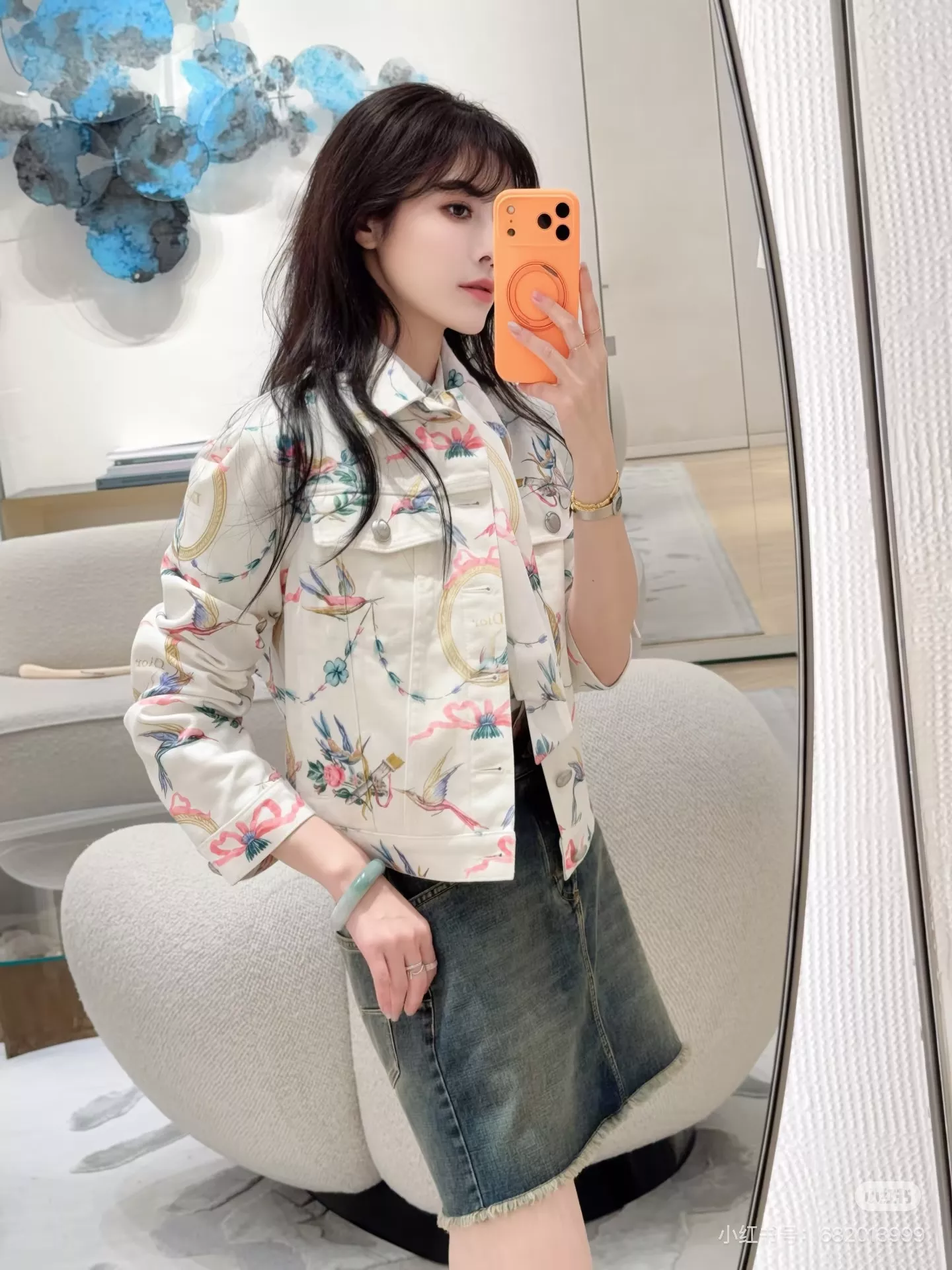 디올 플라워 버드 리본 프린트 크롭 데님 재킷 상세 이미지 23