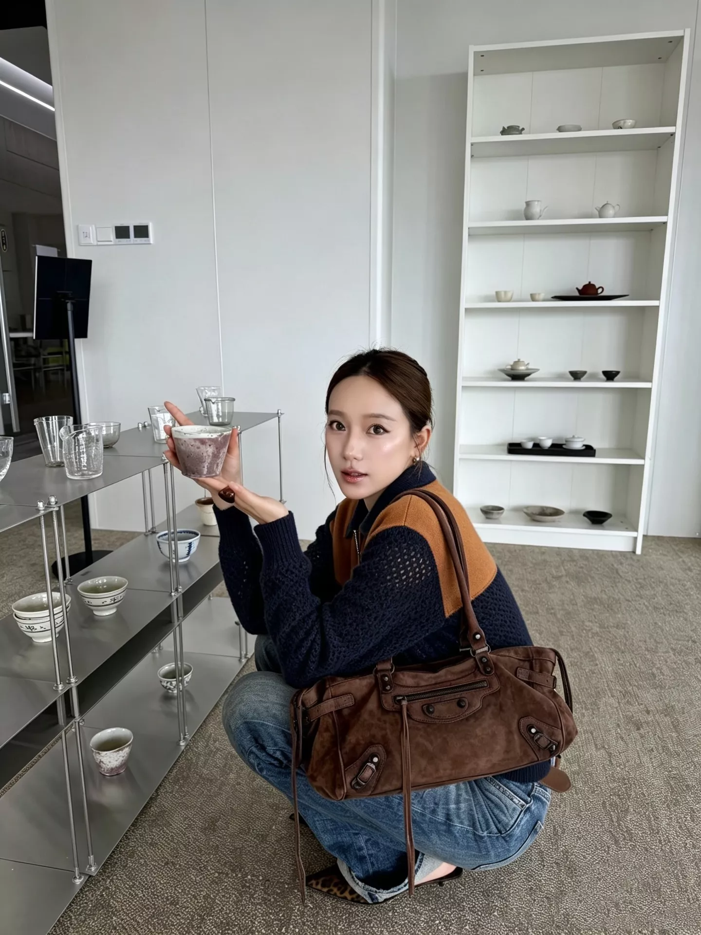 미우미우 배색 스웨이드 포인트 펀칭 니트 재킷 상세 이미지 10