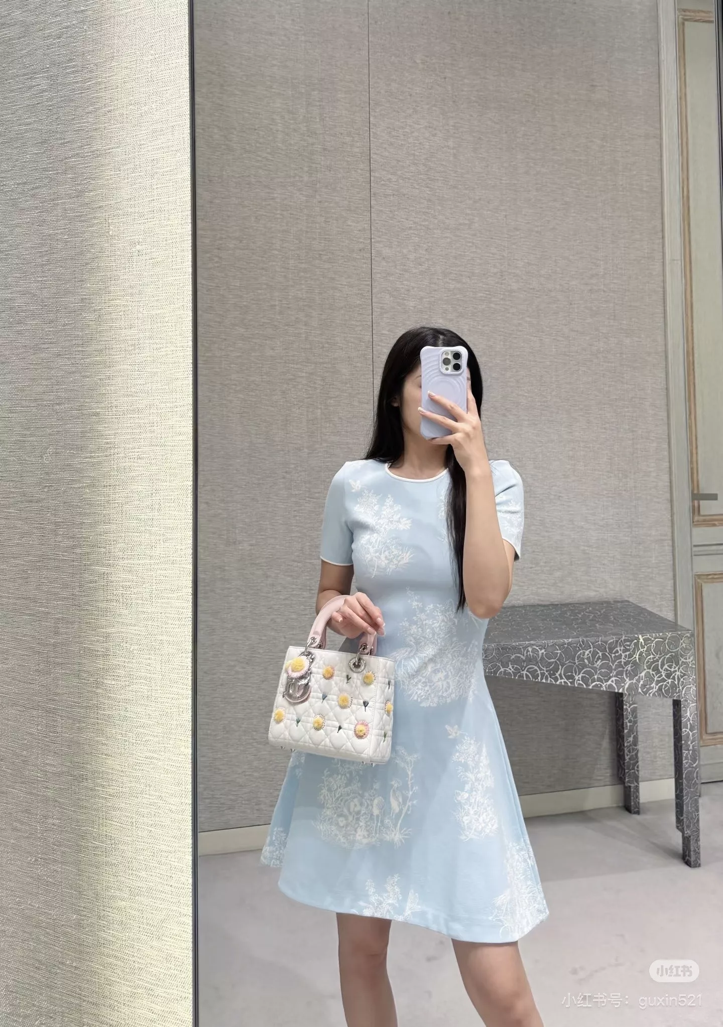 디올 플라워 패턴 반소매 미니 원피스 상세 이미지 13