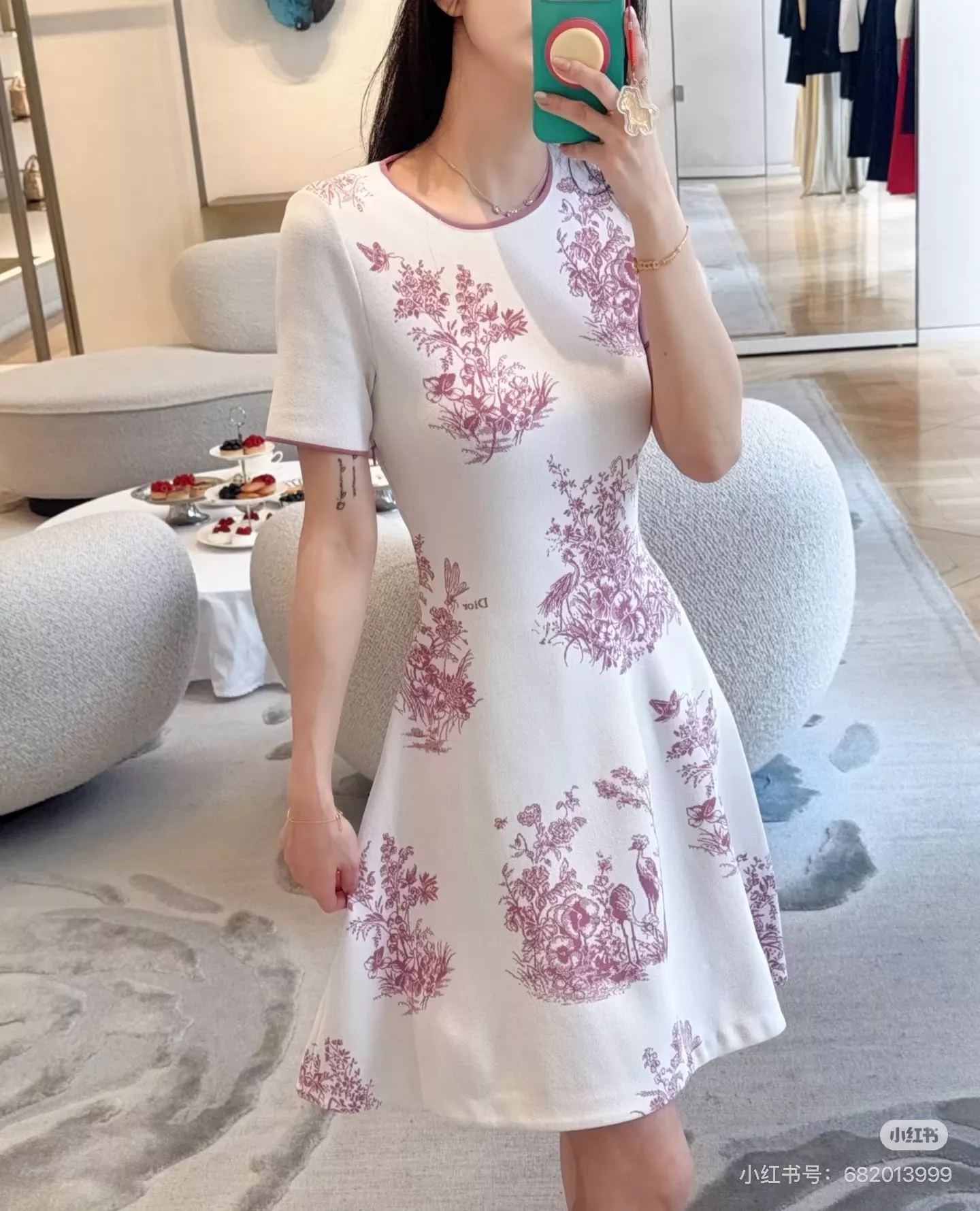 디올 플라워 패턴 반소매 미니 원피스 상세 이미지 15