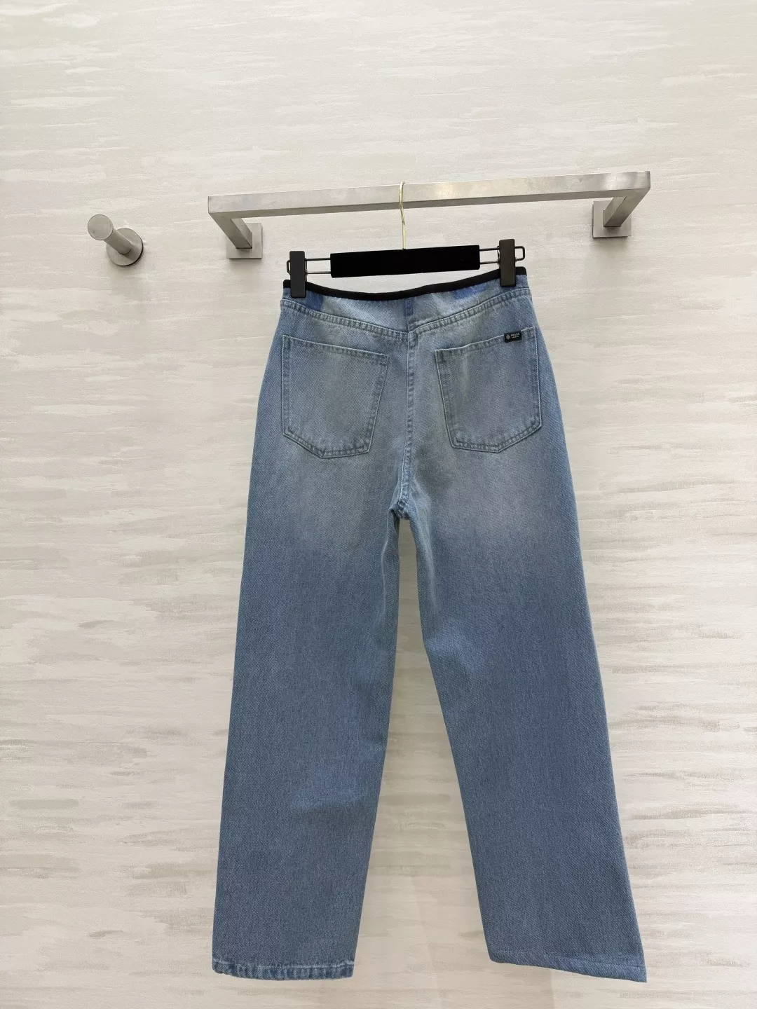 프라다 블랙 배색 밴딩 와이드 워싱 데님 팬츠 상세 이미지 7