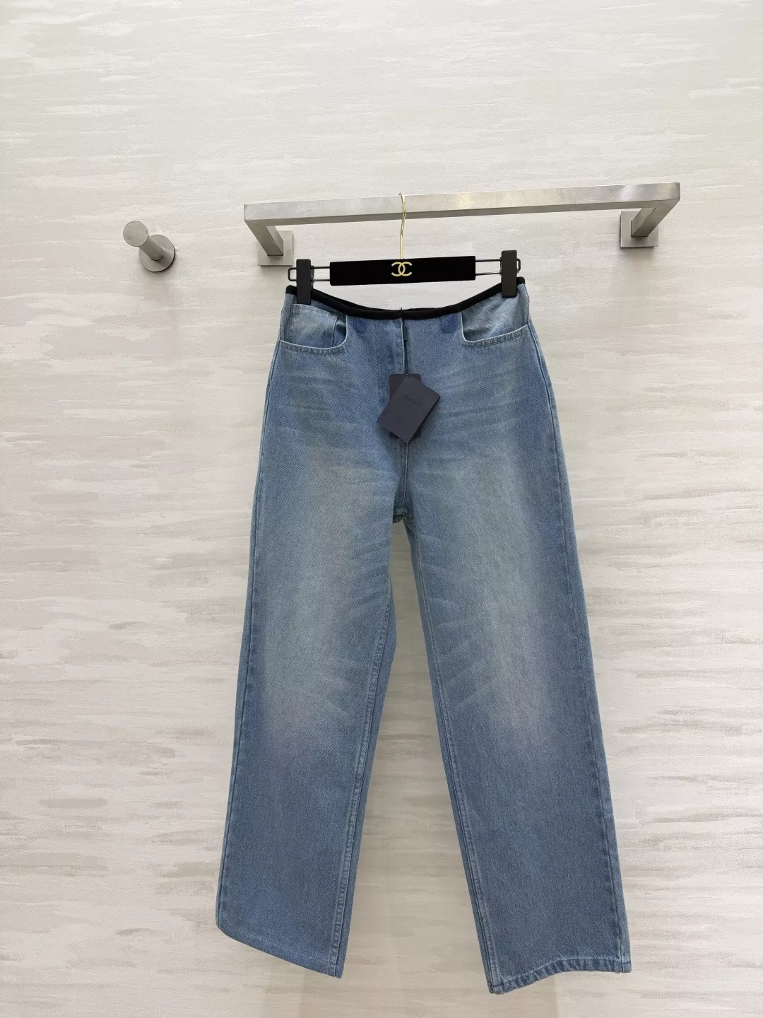 프라다 블랙 배색 밴딩 와이드 워싱 데님 팬츠 상세 이미지 1