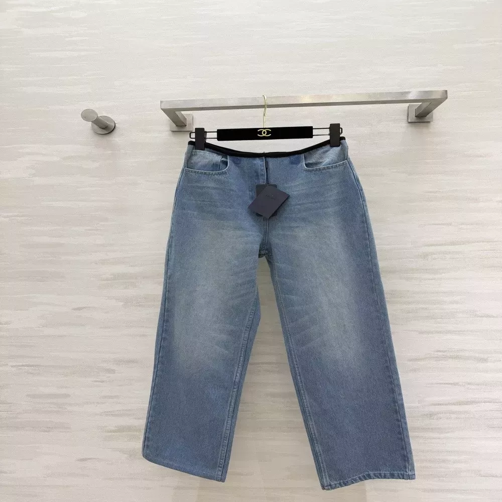 프라다 블랙 배색 밴딩 와이드 워싱 데님 팬츠