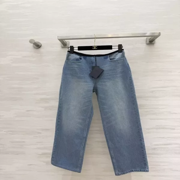 프라다 블랙 배색 밴딩 와이드 워싱 데님 팬츠