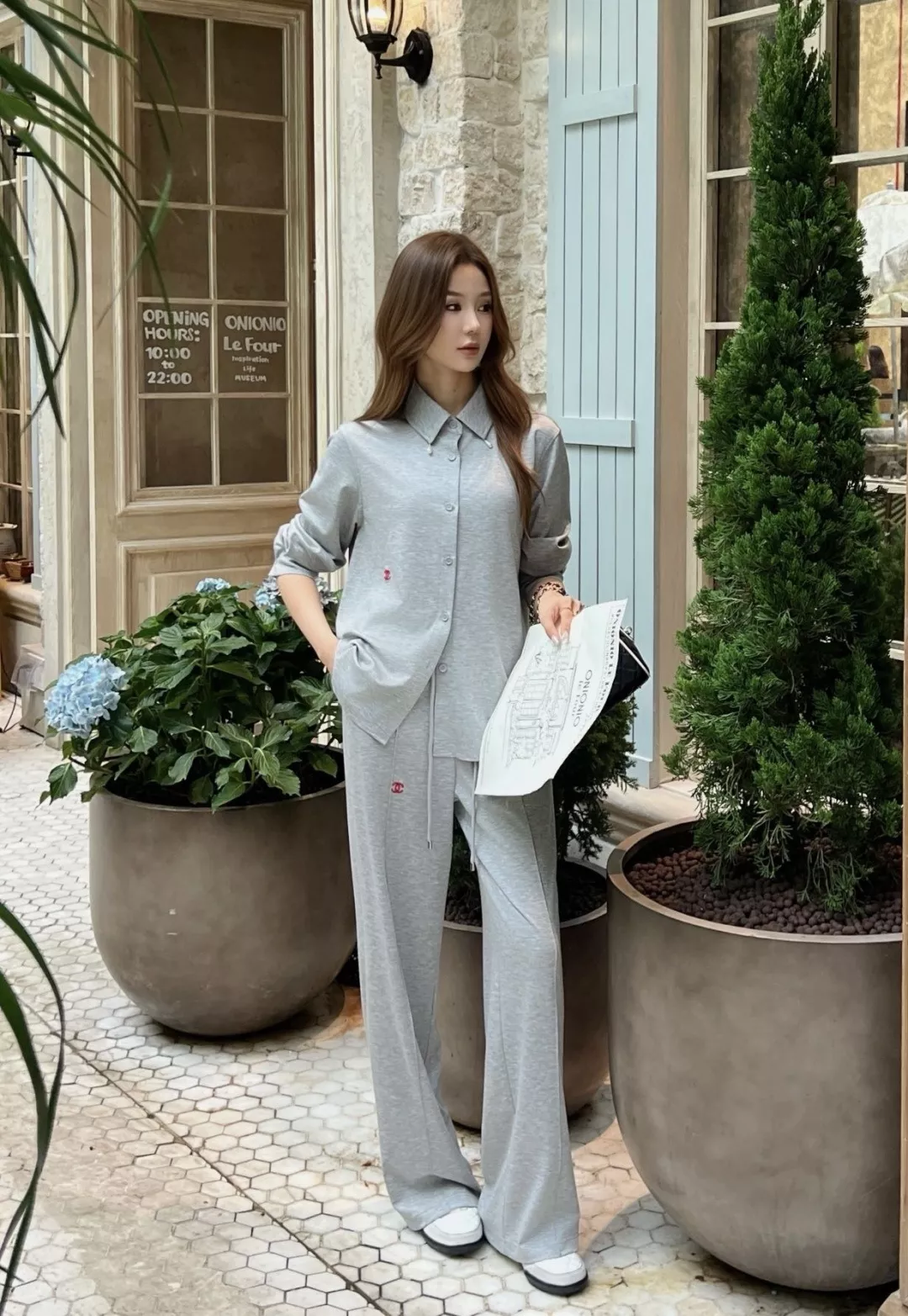 샤넬 레드 자수 포인트 긴소매 셔츠 와이드 팬츠 세트 상세 이미지 17