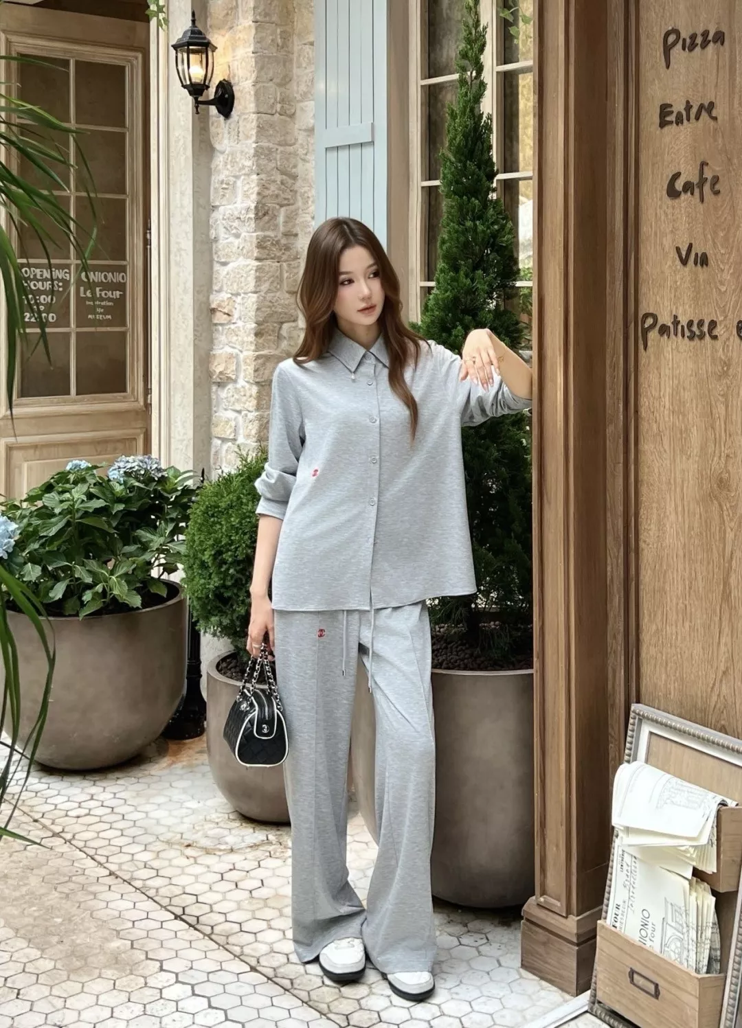 샤넬 레드 자수 포인트 긴소매 셔츠 와이드 팬츠 세트 상세 이미지 15