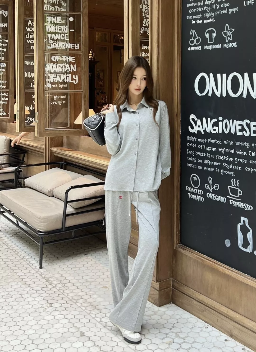 샤넬 레드 자수 포인트 긴소매 셔츠 와이드 팬츠 세트 상세 이미지 14