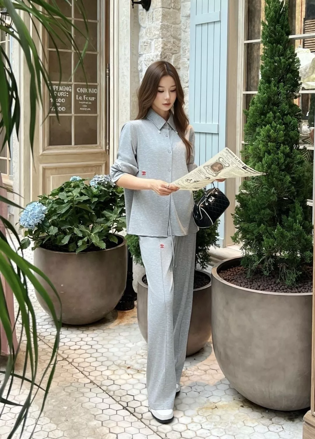샤넬 레드 자수 포인트 긴소매 셔츠 와이드 팬츠 세트 상세 이미지 18