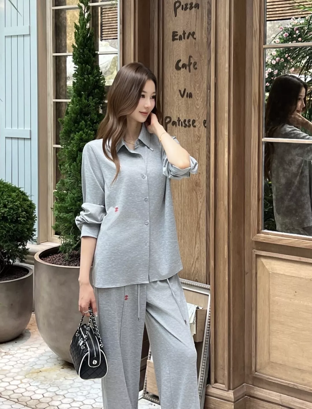 샤넬 레드 자수 포인트 긴소매 셔츠 와이드 팬츠 세트 상세 이미지 11