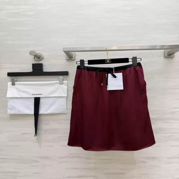 샤넬 버건디 새틴 드로스트링 롱 스커트