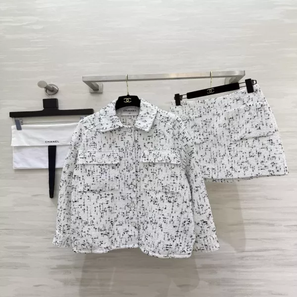 샤넬 블랙 화이트 트위드 셔츠 재킷 A라인 미니 스커트 투피스