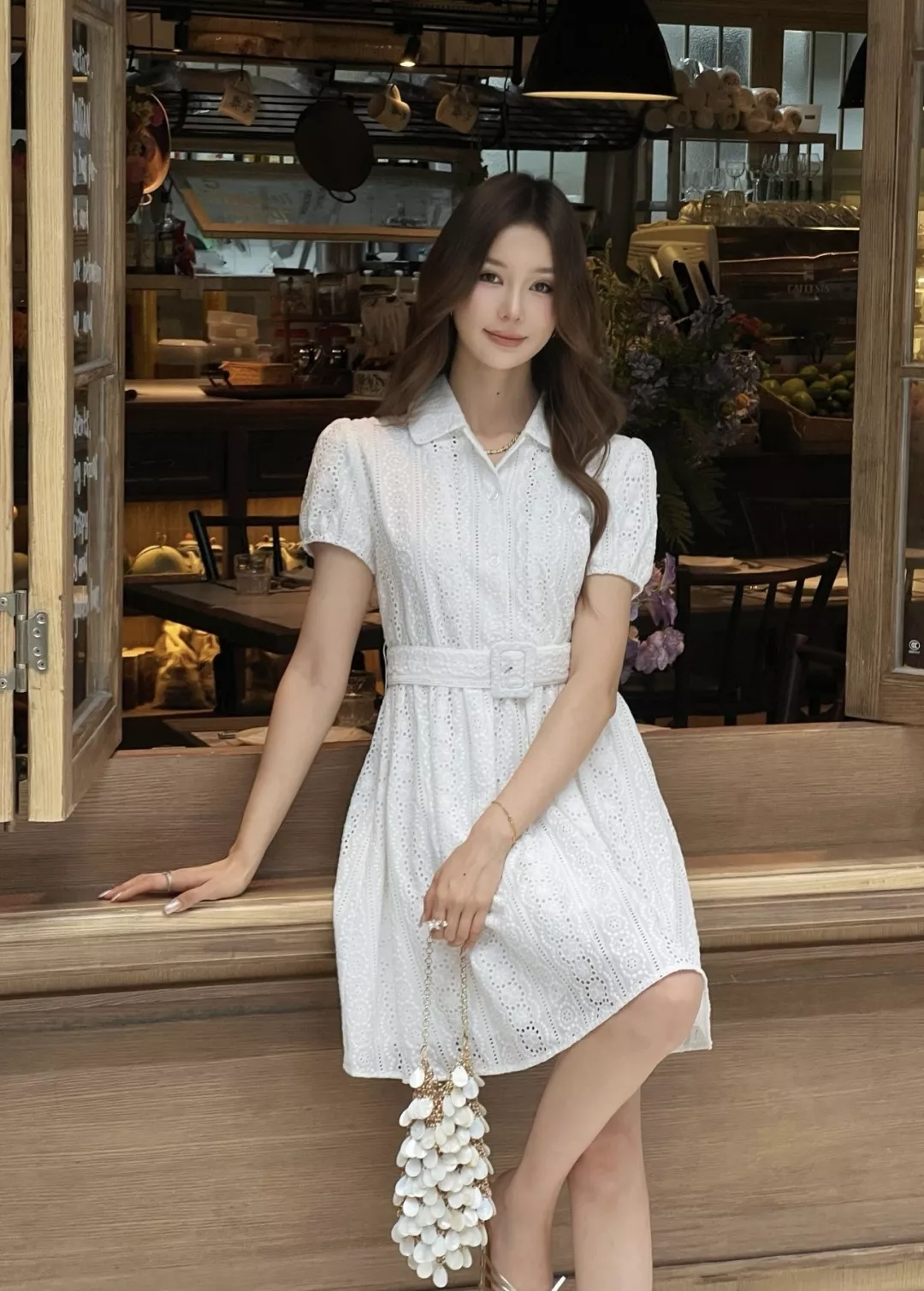 셀린느 플라워 펀칭 자수 벨트 반소매 화이트 원피스 상세 이미지 10