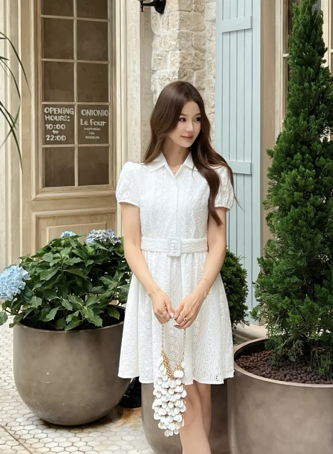 셀린느 플라워 펀칭 자수 벨트 반소매 화이트 원피스 상세 이미지 12