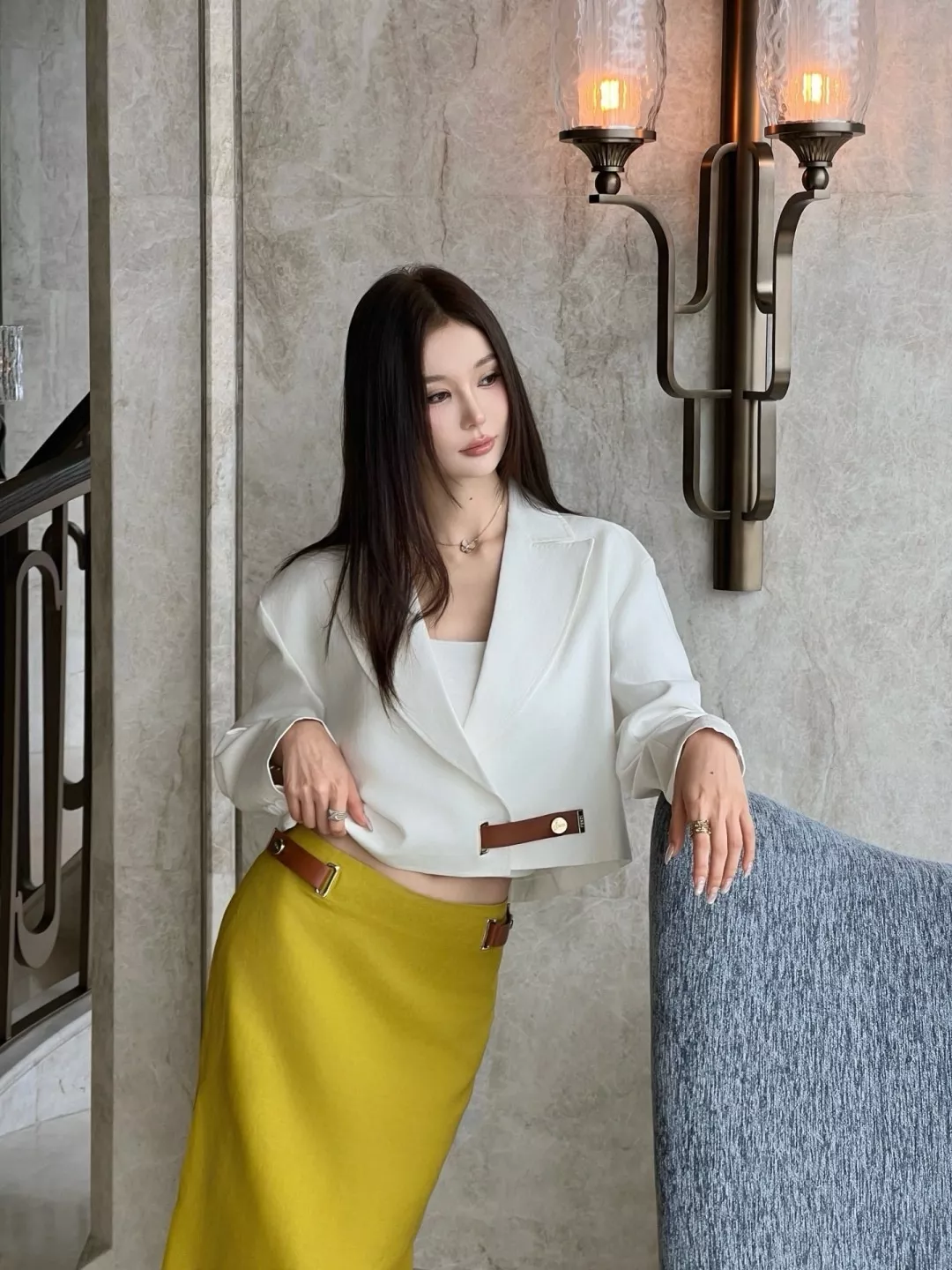 펜디 머스터드 옐로 가죽 장식 스트레이트 롱 스커트 상세 이미지 11
