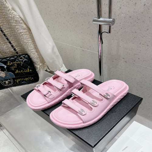 샤넬 퀼팅 벨크로 삼선 레더 비치 슬리퍼