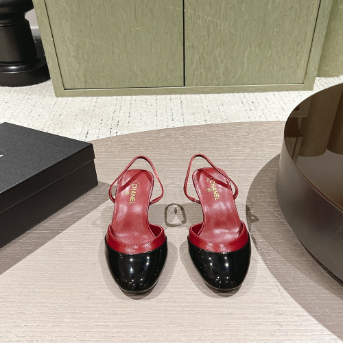 샤넬 배색 라운드토 슬링백 힐 샌들