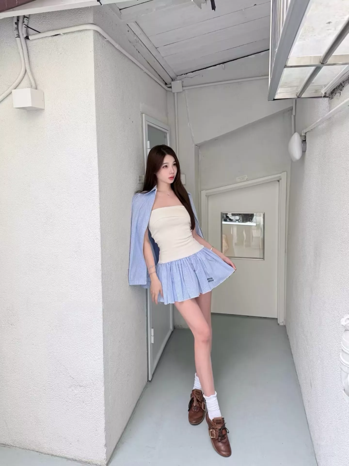 미우미우 메리노 울 튜브탑 배색 플레어 원피스 상세 이미지 61