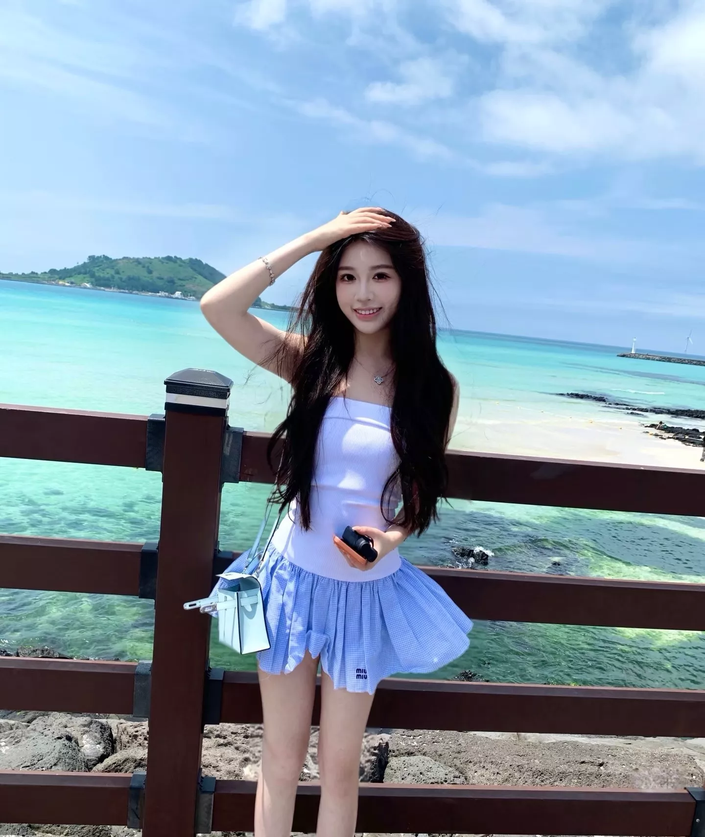 미우미우 메리노 울 튜브탑 배색 플레어 원피스 상세 이미지 67