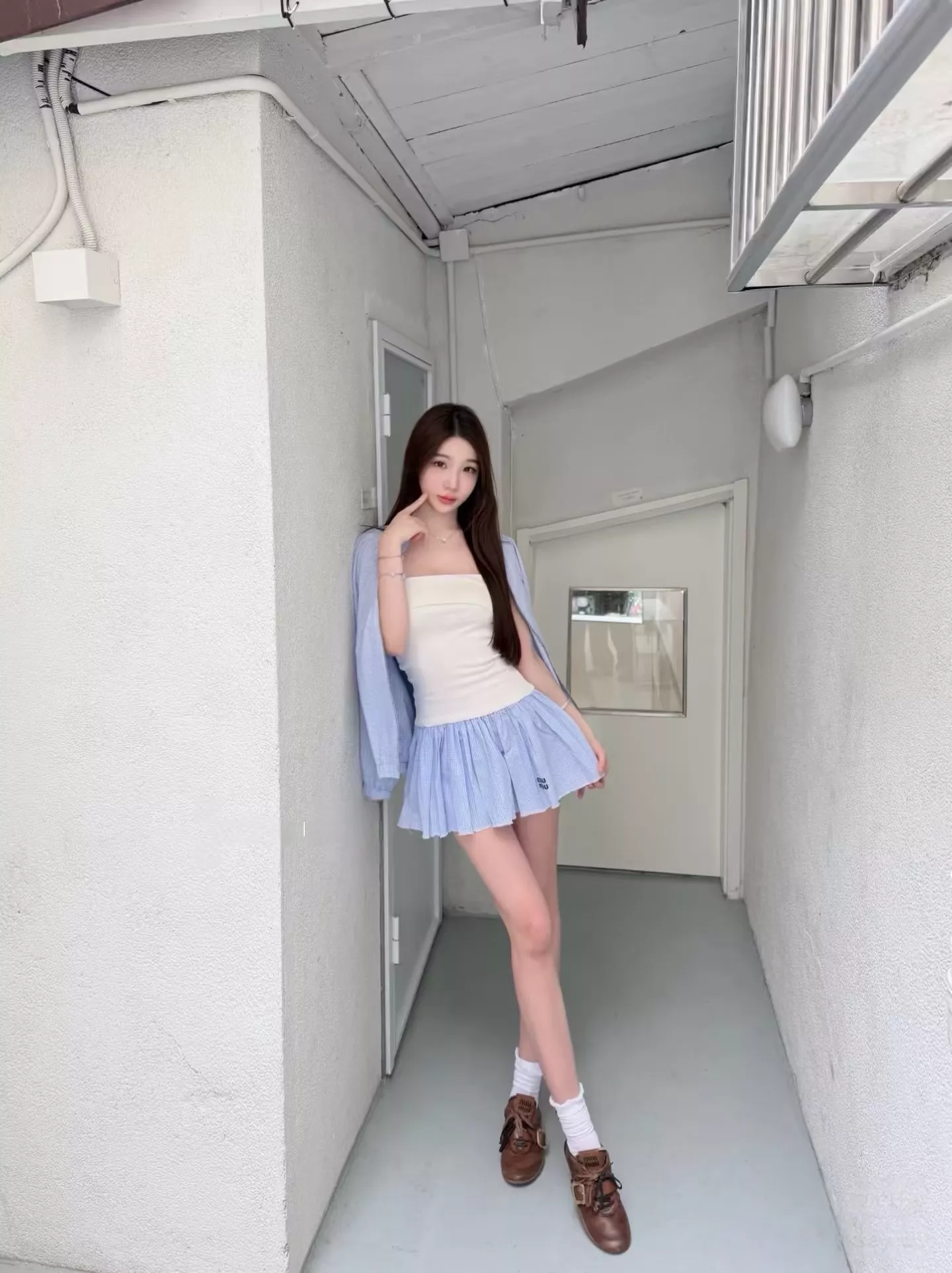 미우미우 메리노 울 튜브탑 배색 플레어 원피스 상세 이미지 63