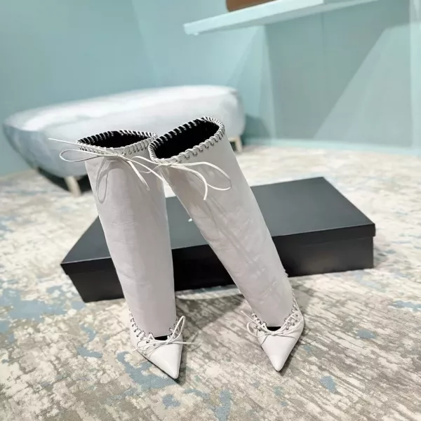올인 스틸레토 토 미들힐 레더 롱부츠