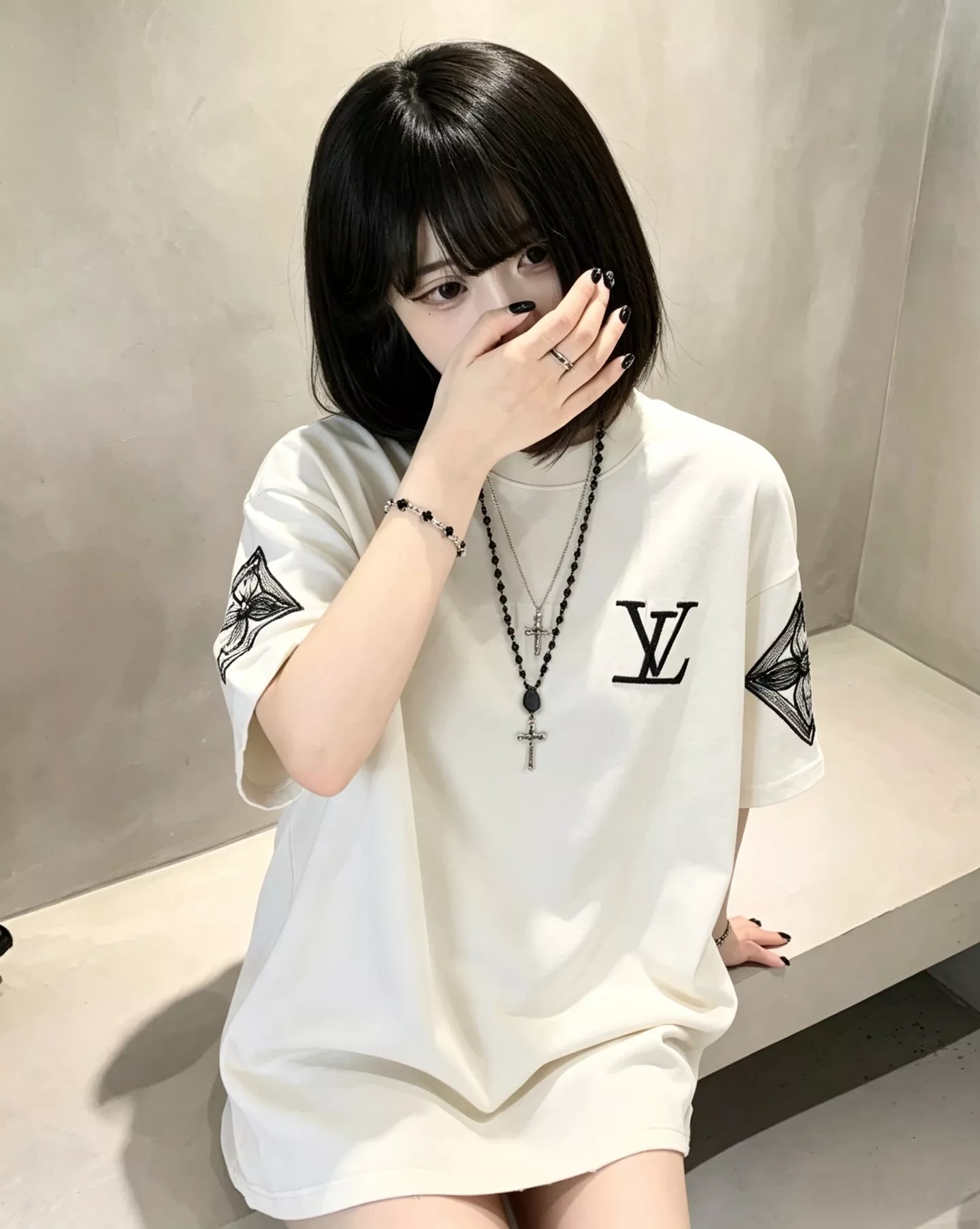 루이비통 클래식 레터 자수 플라워 반소매 티셔츠 상세 이미지 16