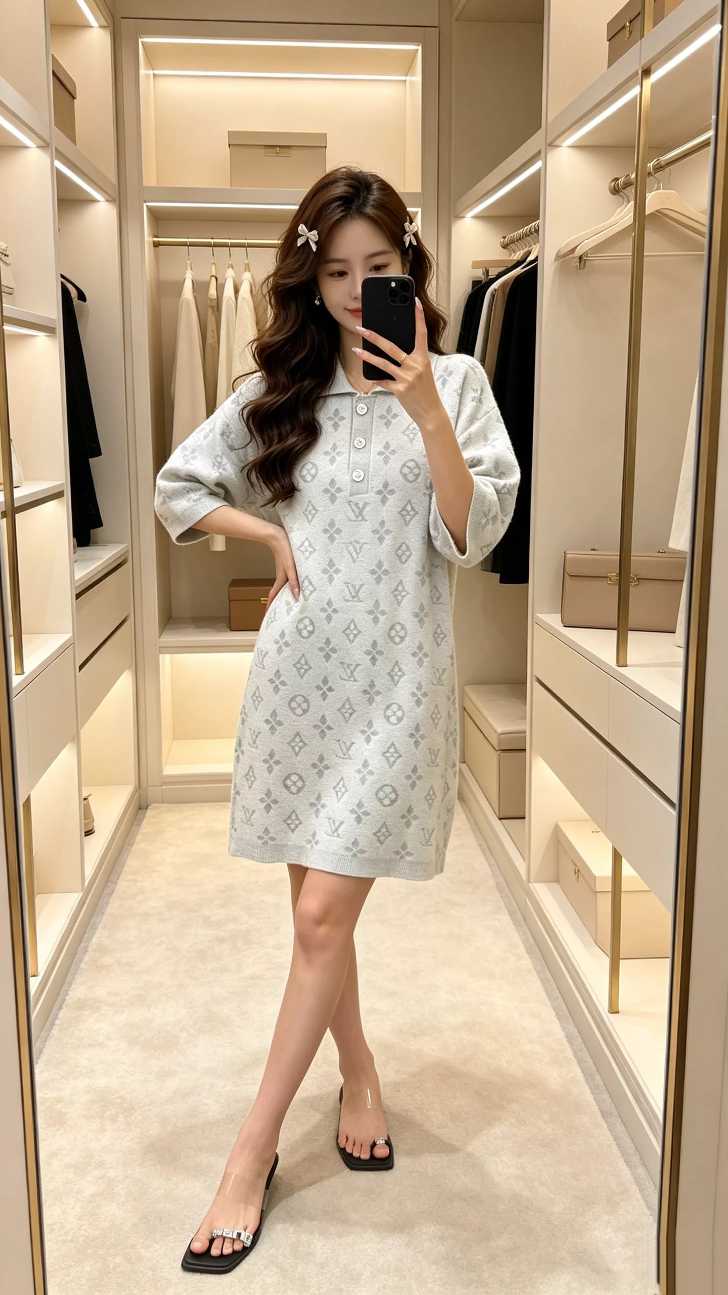 루이비통 로고 자카드 니트 카라 롱원피스 상세 이미지 19