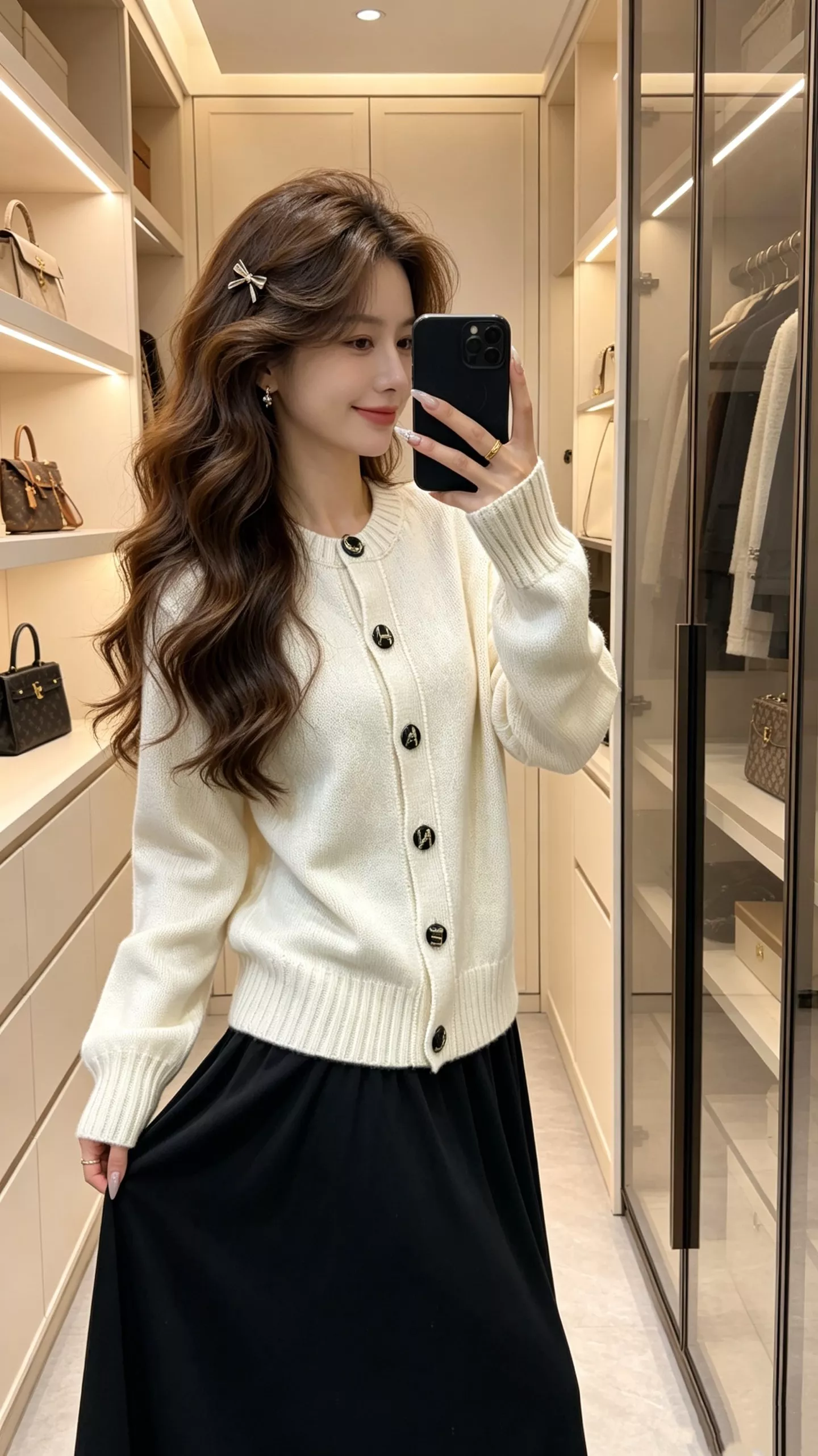샤넬 로고 버튼 장식 니트 라운드넥 가디건 상세 이미지 9