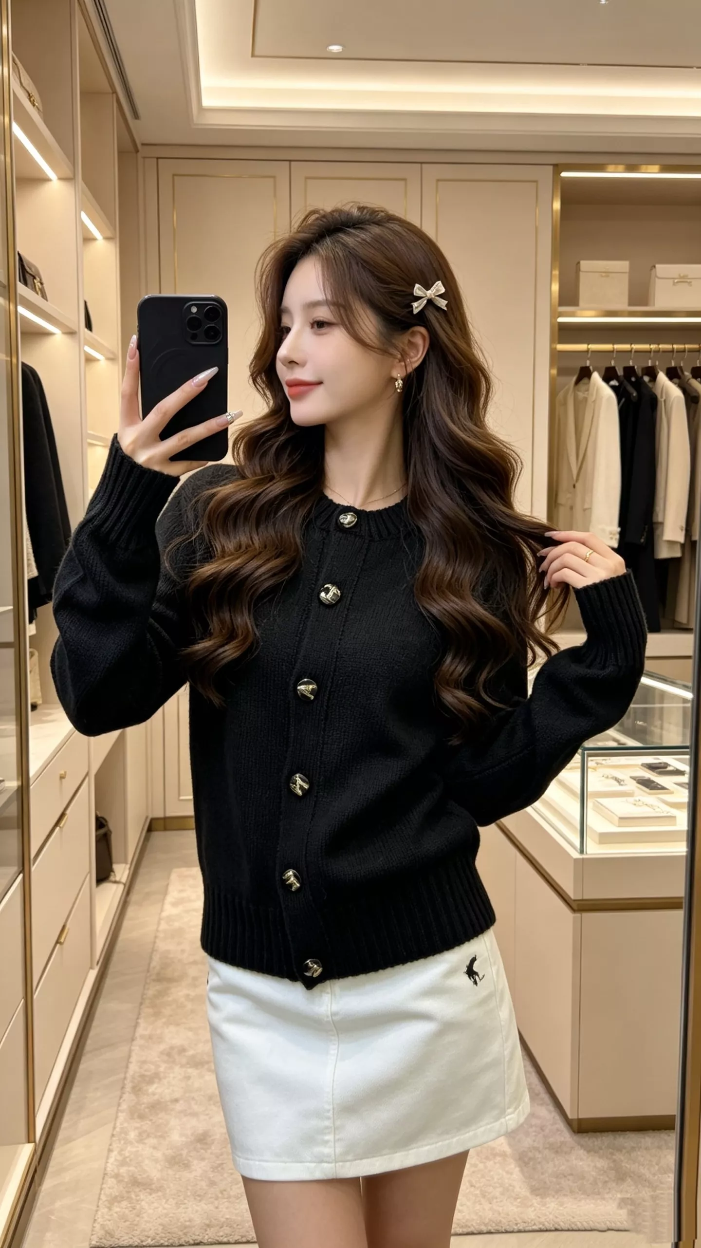 샤넬 로고 버튼 장식 니트 라운드넥 가디건 상세 이미지 20