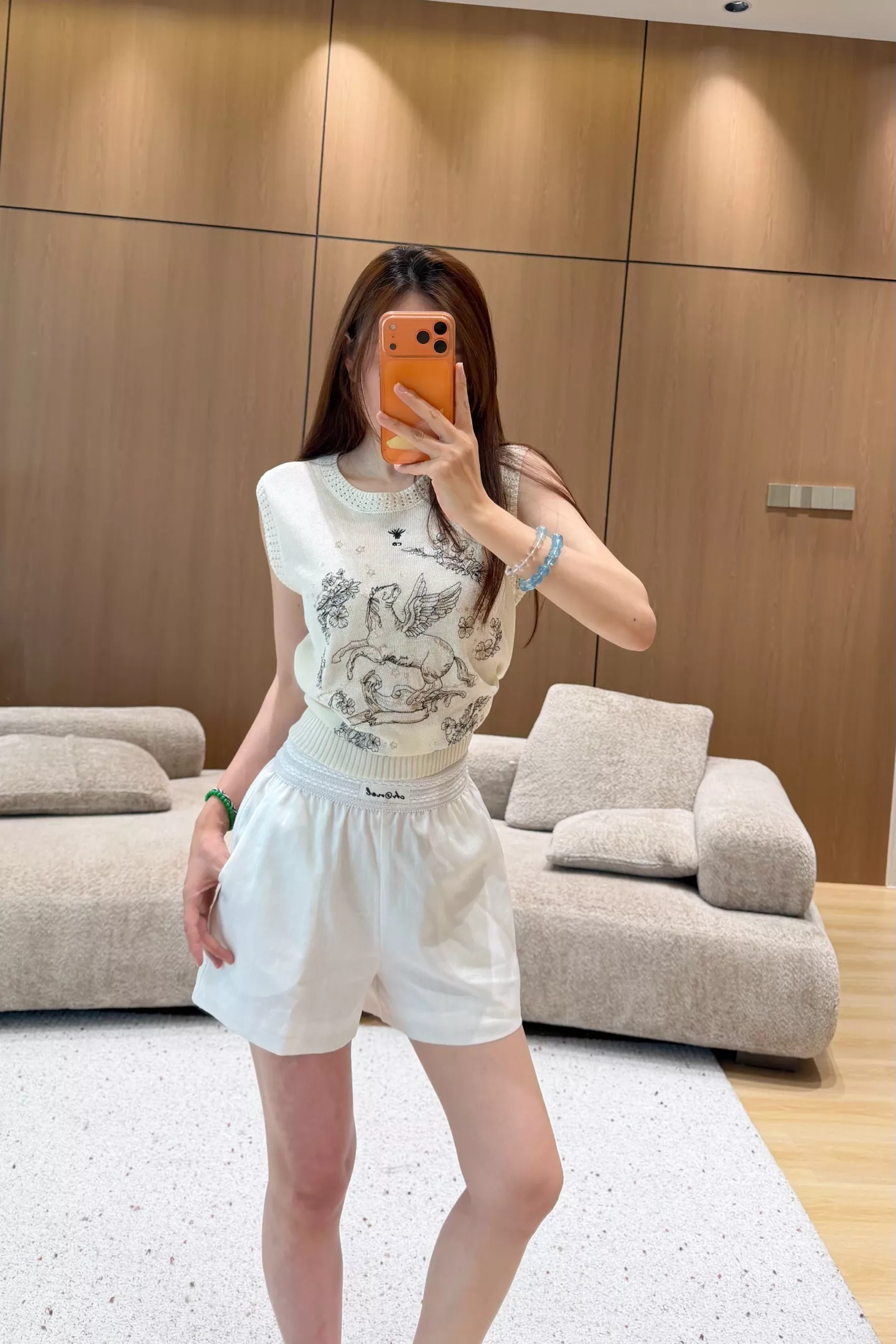 샤넬 자수 포인트 린넨 라이오셀 A라인 하프 팬츠 상세 이미지 14