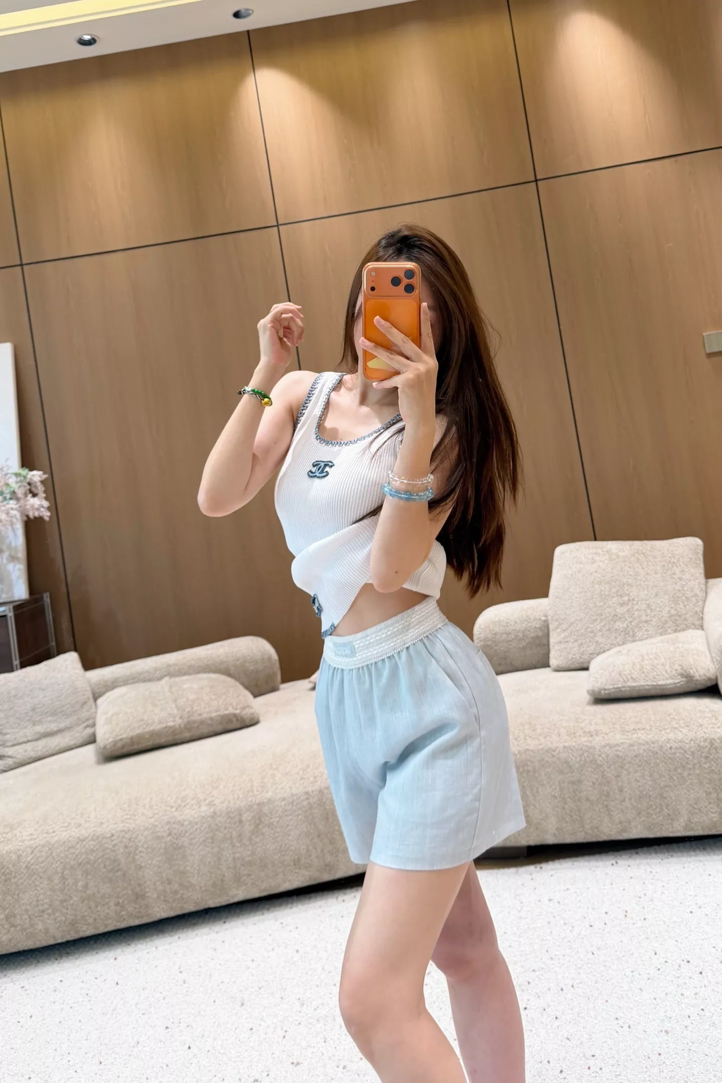 샤넬 자수 포인트 린넨 라이오셀 A라인 하프 팬츠 상세 이미지 31