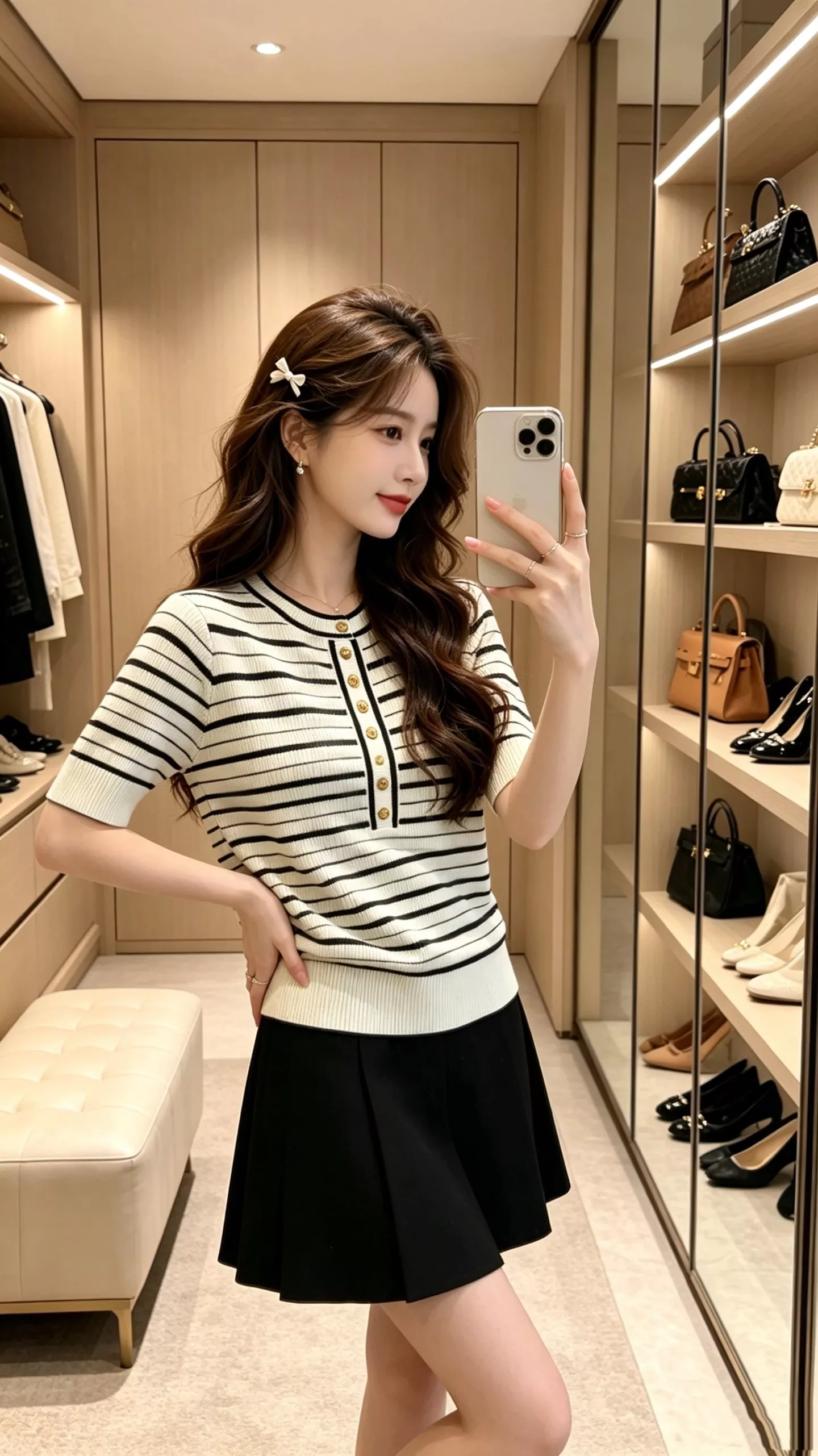 샤넬 스트라이프 배색 골드 버튼 반소매 니트 상세 이미지 9