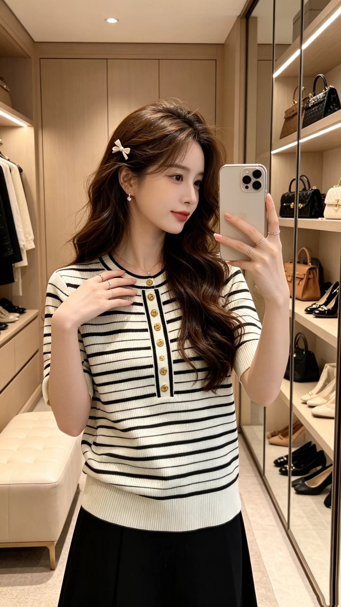 샤넬 스트라이프 배색 골드 버튼 반소매 니트 상세 이미지 8