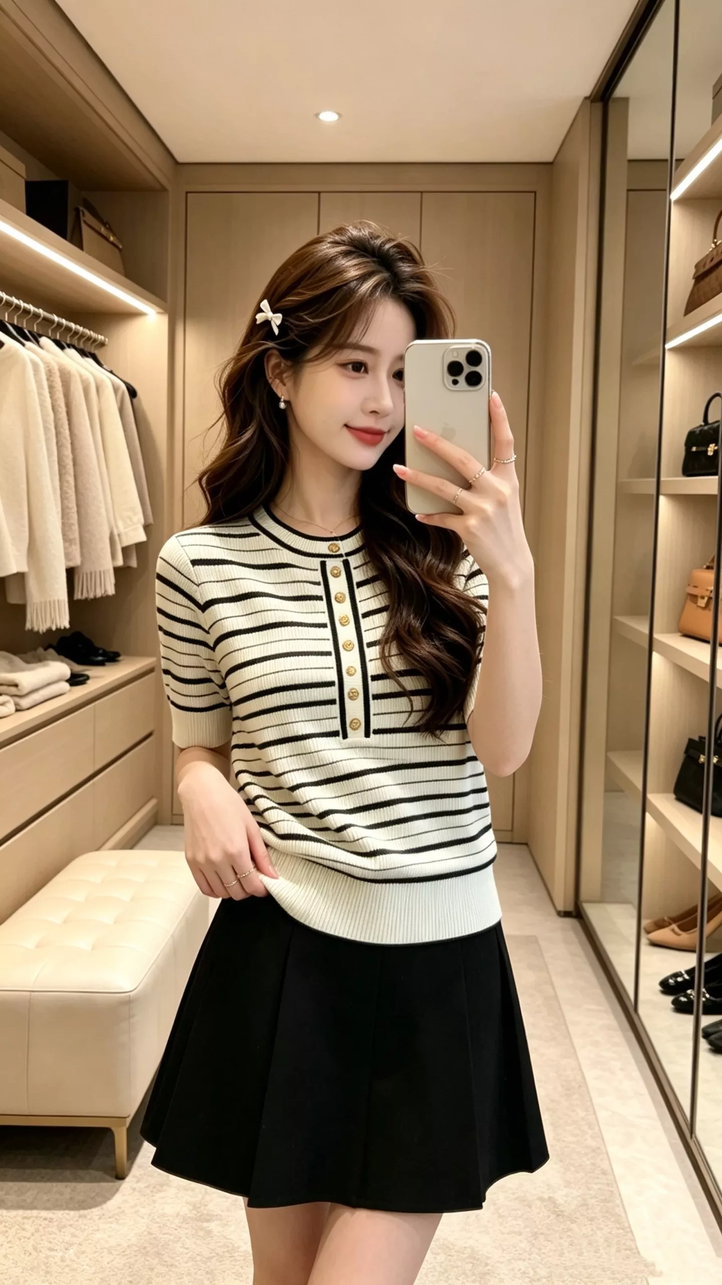 샤넬 스트라이프 배색 골드 버튼 반소매 니트 상세 이미지 11