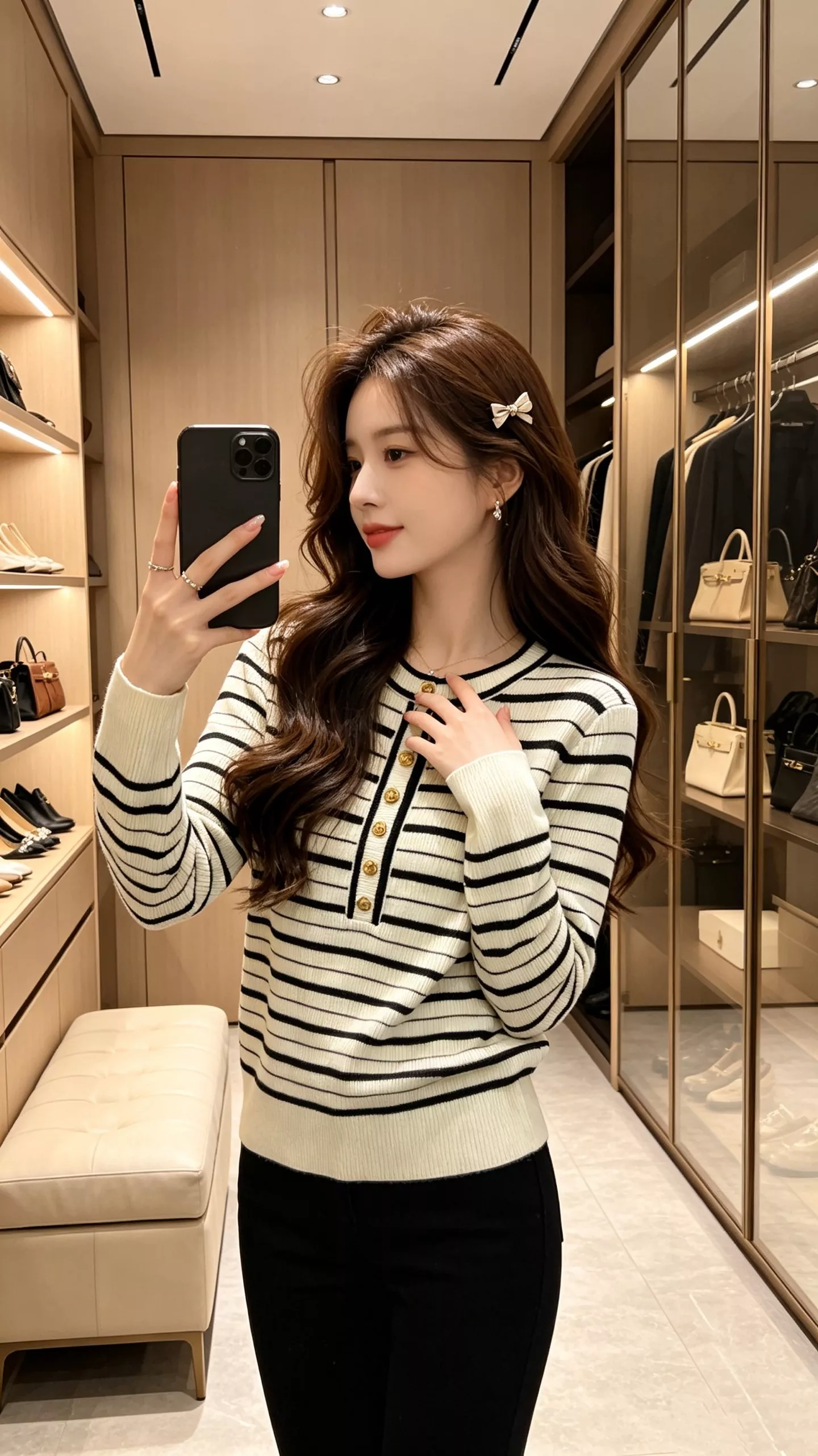 샤넬 스트라이프 배색 로고 버튼 긴소매 니트 상세 이미지 8