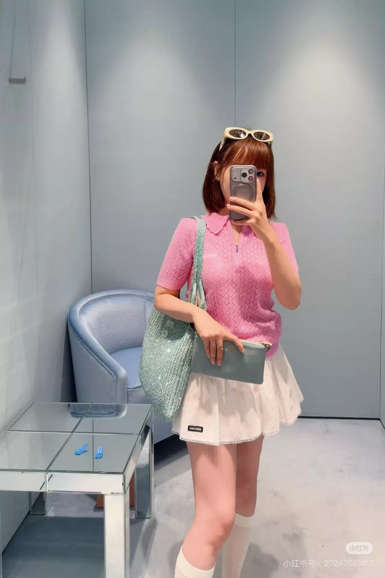 미우미우 폴로카라 펀칭 자카드 반소매 니트 상세 이미지 18