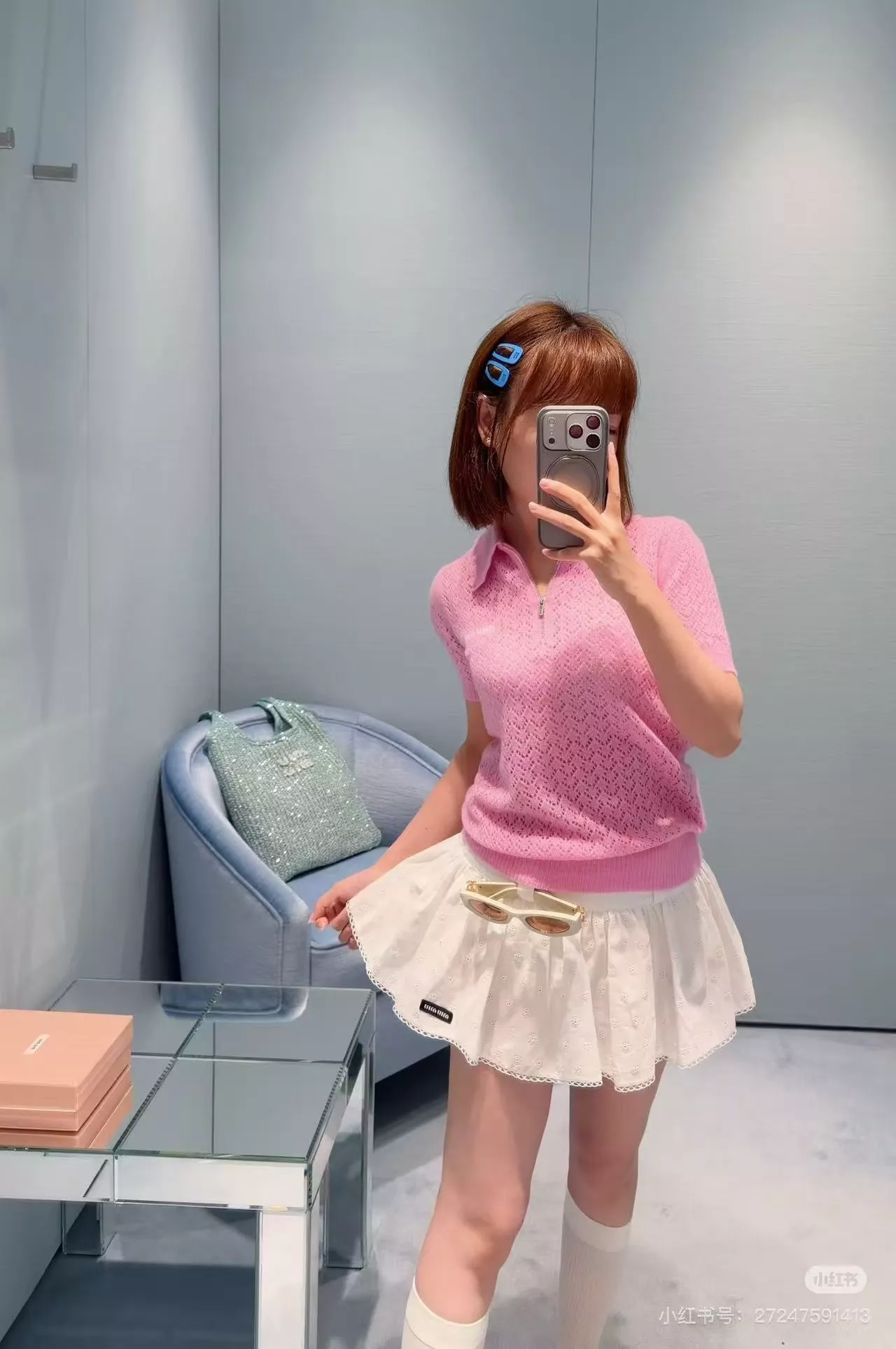 미우미우 폴로카라 펀칭 자카드 반소매 니트 상세 이미지 19