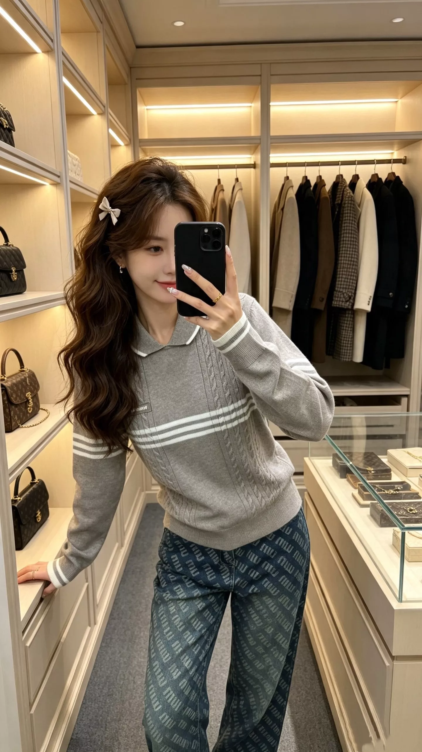미우미우 스트라이프 배색 케이블 카라 풀오버 니트 상세 이미지 19