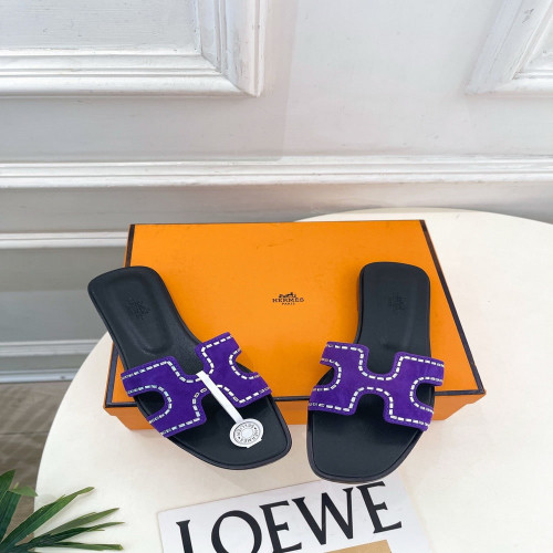 에르메스 H 로고 크리스탈 장식 플랫 슬리퍼