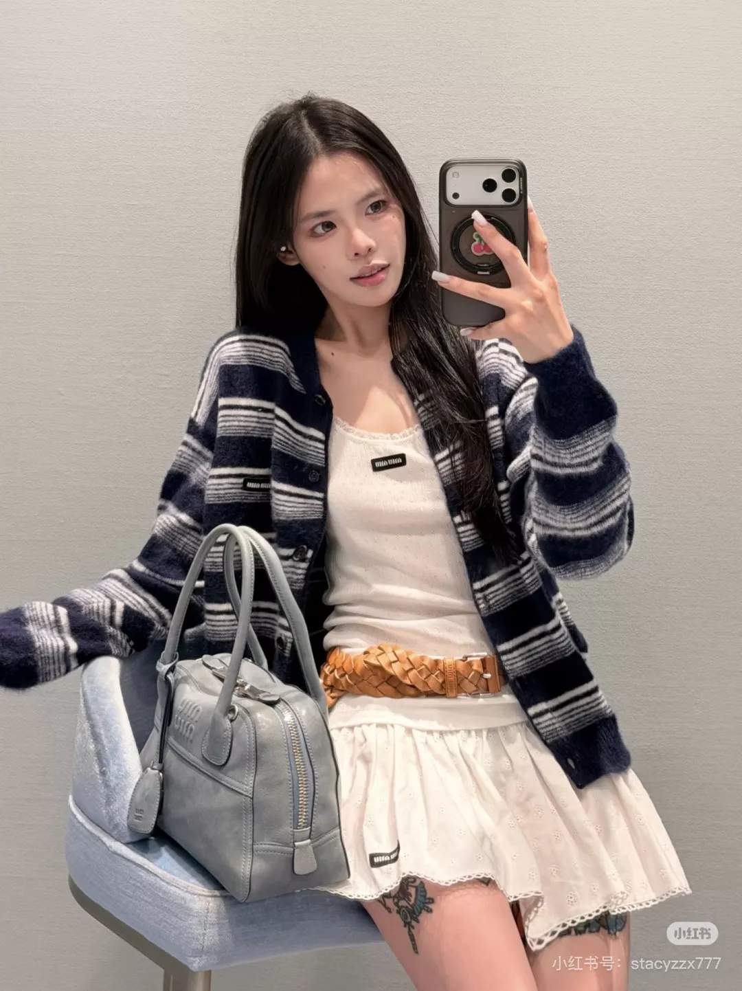 미우미우 스트라이프 반오픈 실크 캐시미어 혼방 가디건 상세 이미지 14
